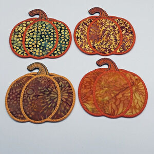 Fall Autumn Coasters Pumpkin Embroidered Set 4 Handmade Halloween Fabric Quilted